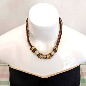 Rare Chico's BISMA Multi-strand Braided Leather Metallic Necklace w/ Rhinestones